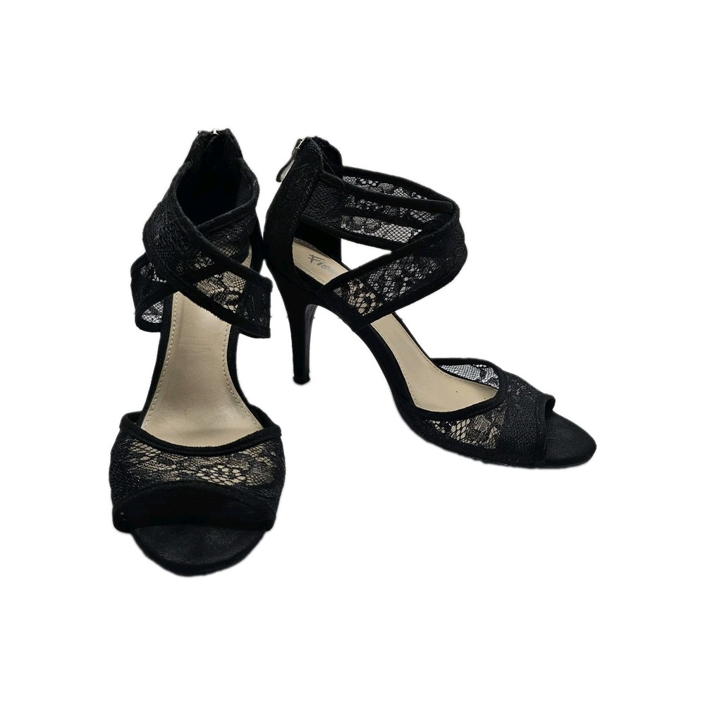 Fioni Isabel Womens Sz 8 Black Lace 3" Heels Open Toe Dress Shoes Zip Back Sexy